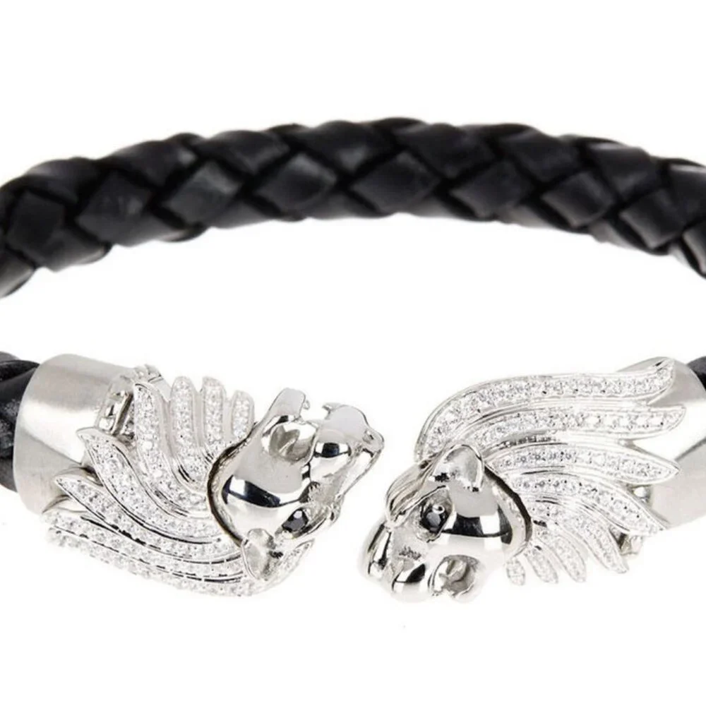 Blackjack Cubic Zirconia Lion Head Leather Cuff Bracelet